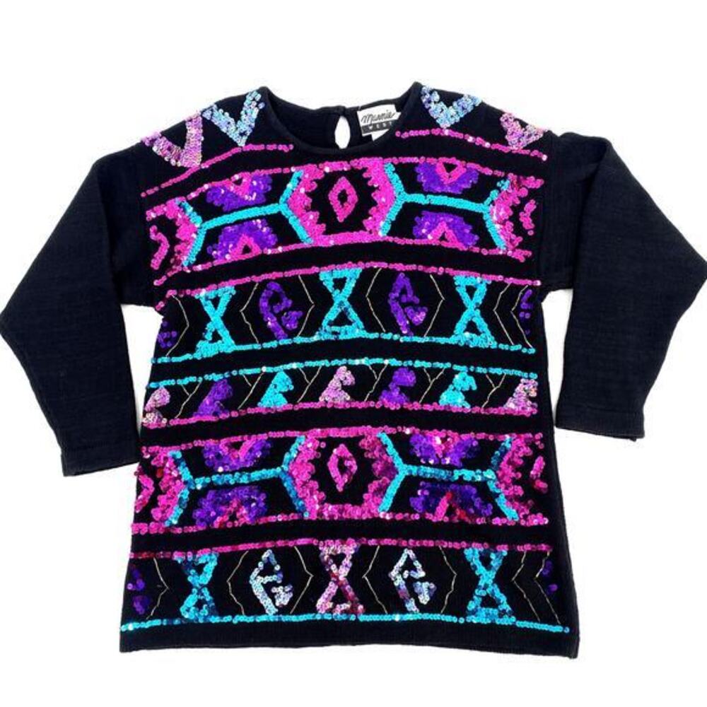 Vintage 80s Sequined Sweater Womens Sz‎ M Black Holiday Christmas Glam Occasion